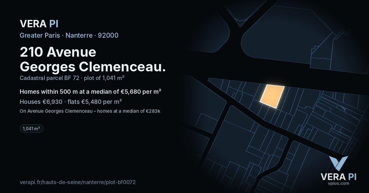210 Avenue Georges Clemenceau, Nanterre at night – the plot lit, the parcels around coloured by the prices near them