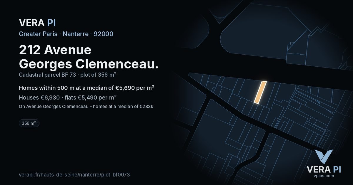 212 Avenue Georges Clemenceau, Nanterre at night – the plot lit, the parcels around coloured by the prices near them