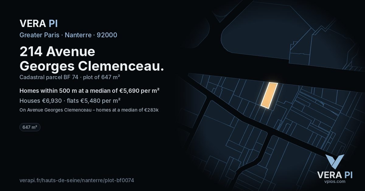 214 Avenue Georges Clemenceau, Nanterre at night – the plot lit, the parcels around coloured by the prices near them