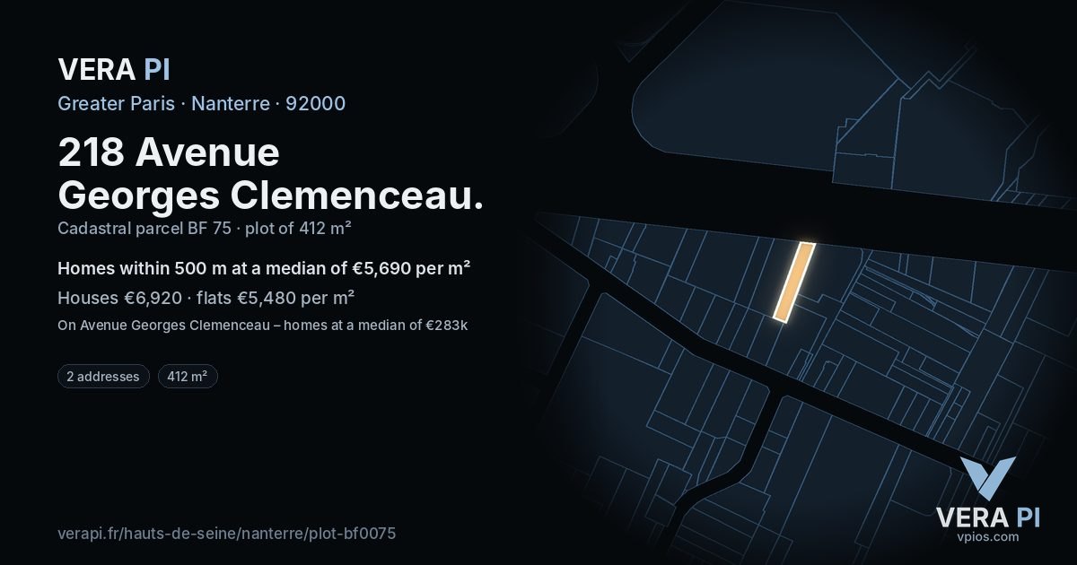 218 Avenue Georges Clemenceau, Nanterre at night – the plot lit, the parcels around coloured by the prices near them