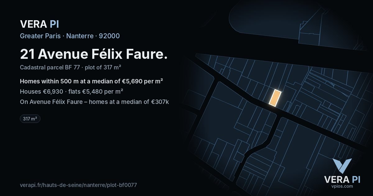 21 Avenue Félix Faure, Nanterre at night – the plot lit, the parcels around coloured by the prices near them