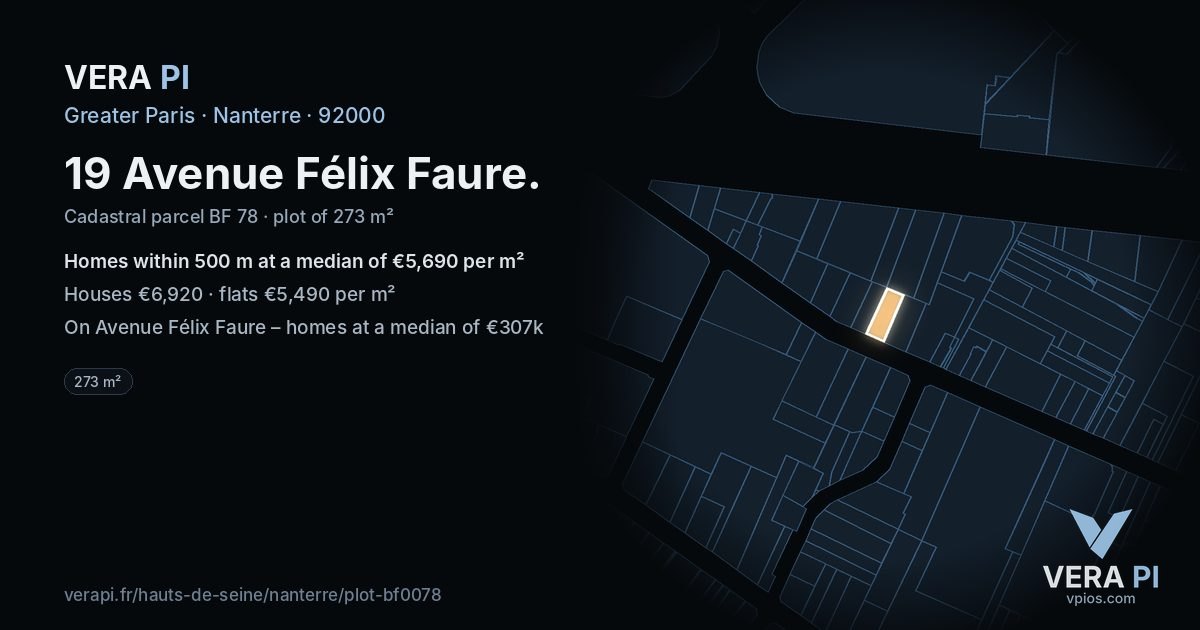 19 Avenue Félix Faure, Nanterre at night – the plot lit, the parcels around coloured by the prices near them