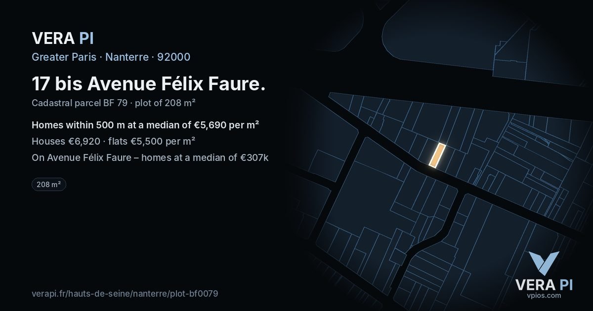 17 bis Avenue Félix Faure, Nanterre at night – the plot lit, the parcels around coloured by the prices near them