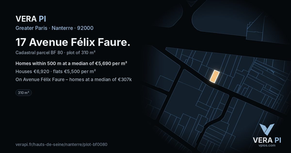 17 Avenue Félix Faure, Nanterre at night – the plot lit, the parcels around coloured by the prices near them