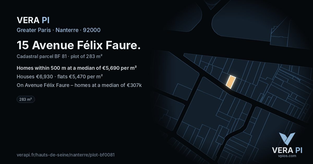 15 Avenue Félix Faure, Nanterre at night – the plot lit, the parcels around coloured by the prices near them