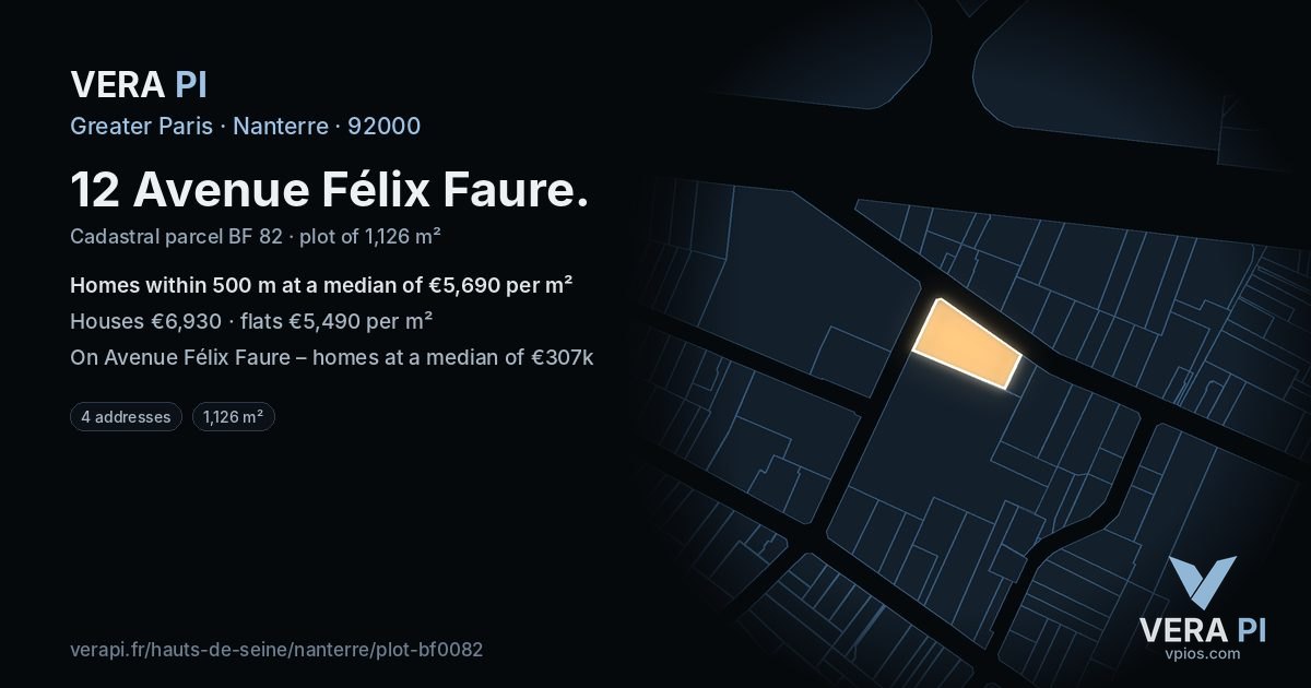 12 Avenue Félix Faure, Nanterre at night – the plot lit, the parcels around coloured by the prices near them