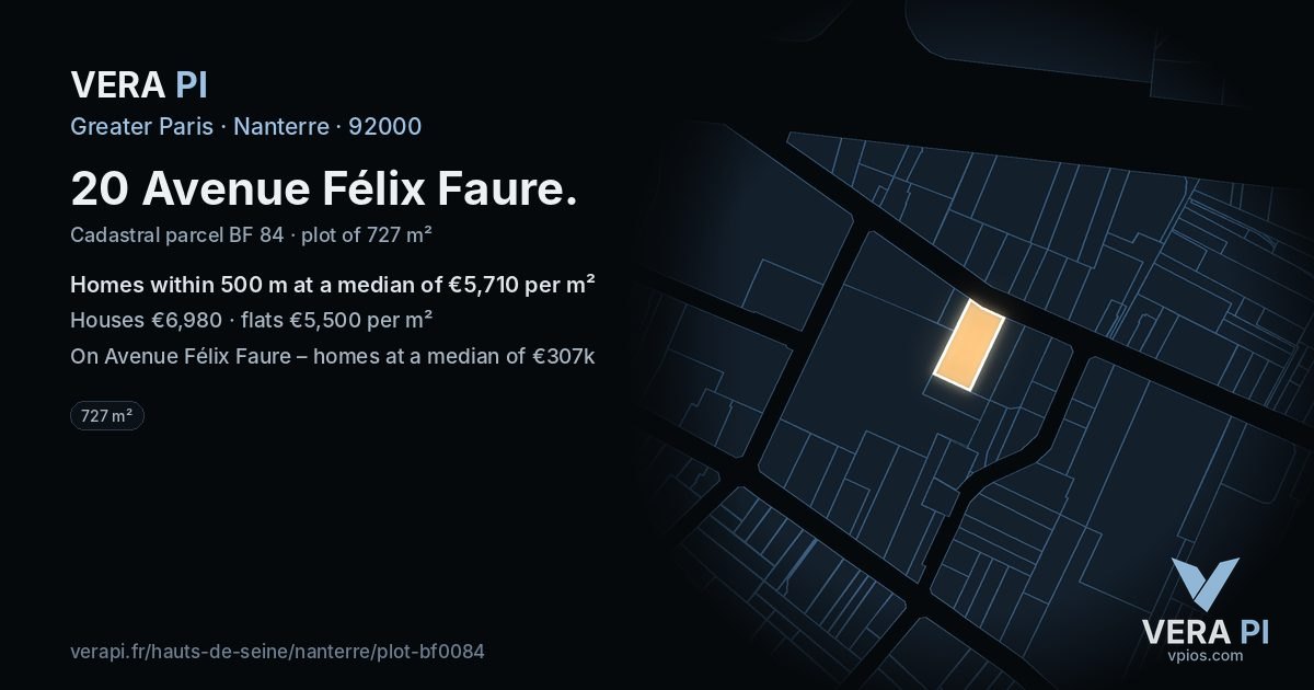 20 Avenue Félix Faure, Nanterre at night – the plot lit, the parcels around coloured by the prices near them