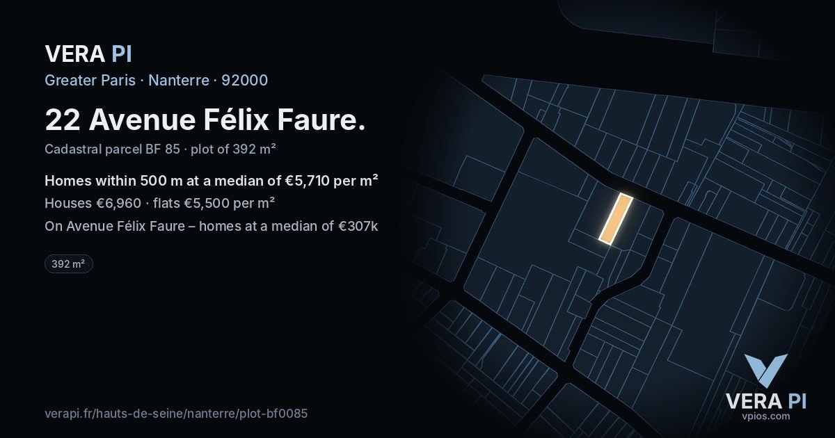 22 Avenue Félix Faure, Nanterre at night – the plot lit, the parcels around coloured by the prices near them