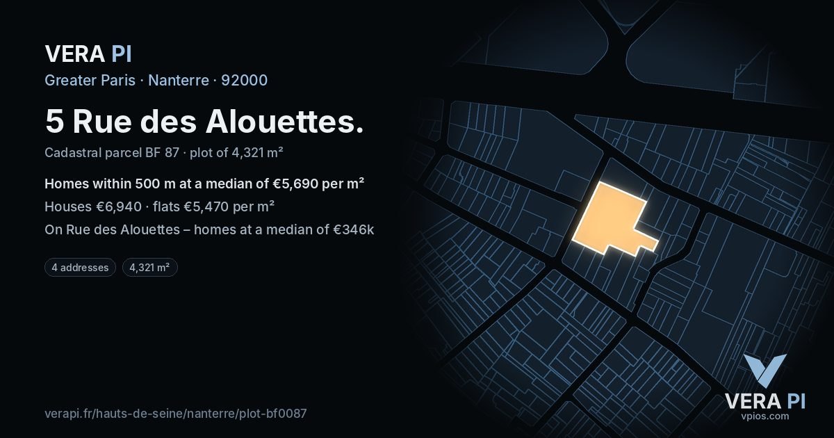 5 Rue des Alouettes, Nanterre at night – the plot lit, the parcels around coloured by the prices near them
