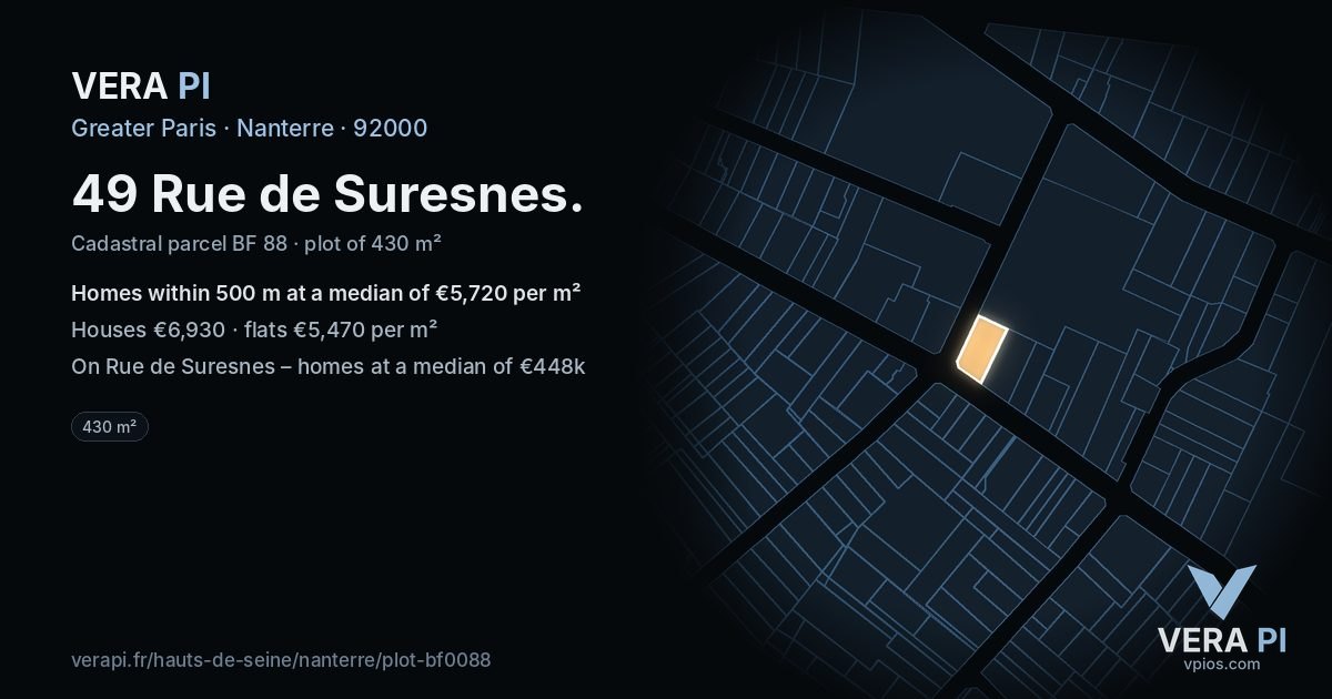 49 Rue de Suresnes, Nanterre at night – the plot lit, the parcels around coloured by the prices near them