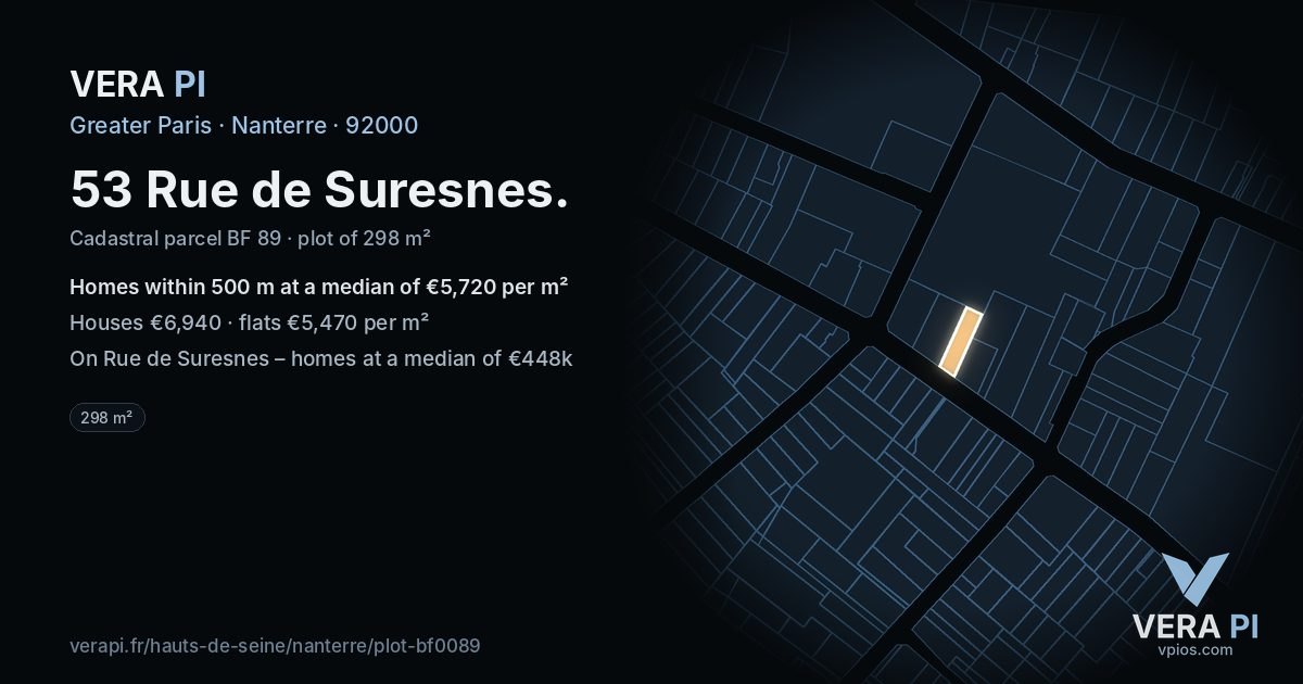 53 Rue de Suresnes, Nanterre at night – the plot lit, the parcels around coloured by the prices near them