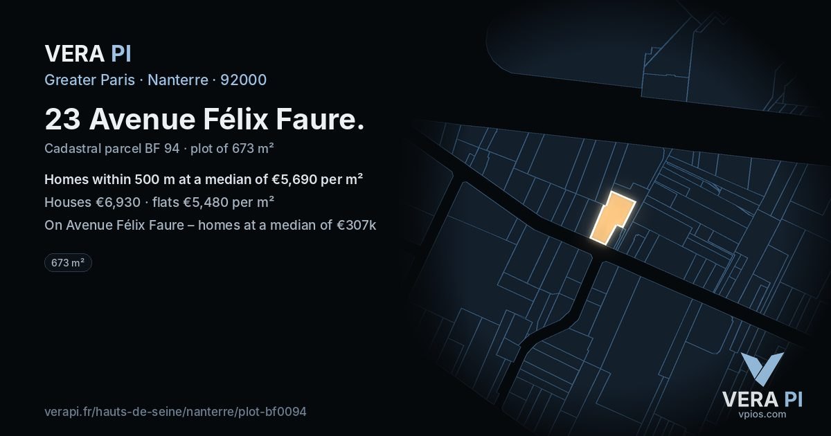 23 Avenue Félix Faure, Nanterre at night – the plot lit, the parcels around coloured by the prices near them