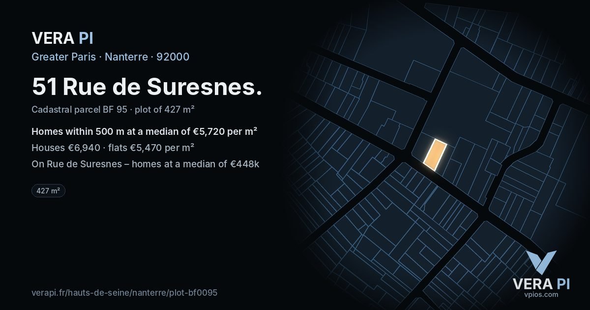 51 Rue de Suresnes, Nanterre at night – the plot lit, the parcels around coloured by the prices near them