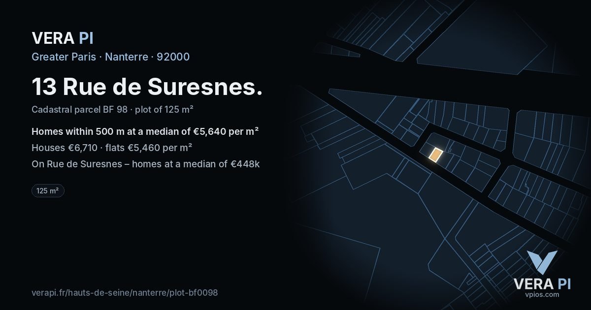13 Rue de Suresnes, Nanterre at night – the plot lit, the parcels around coloured by the prices near them