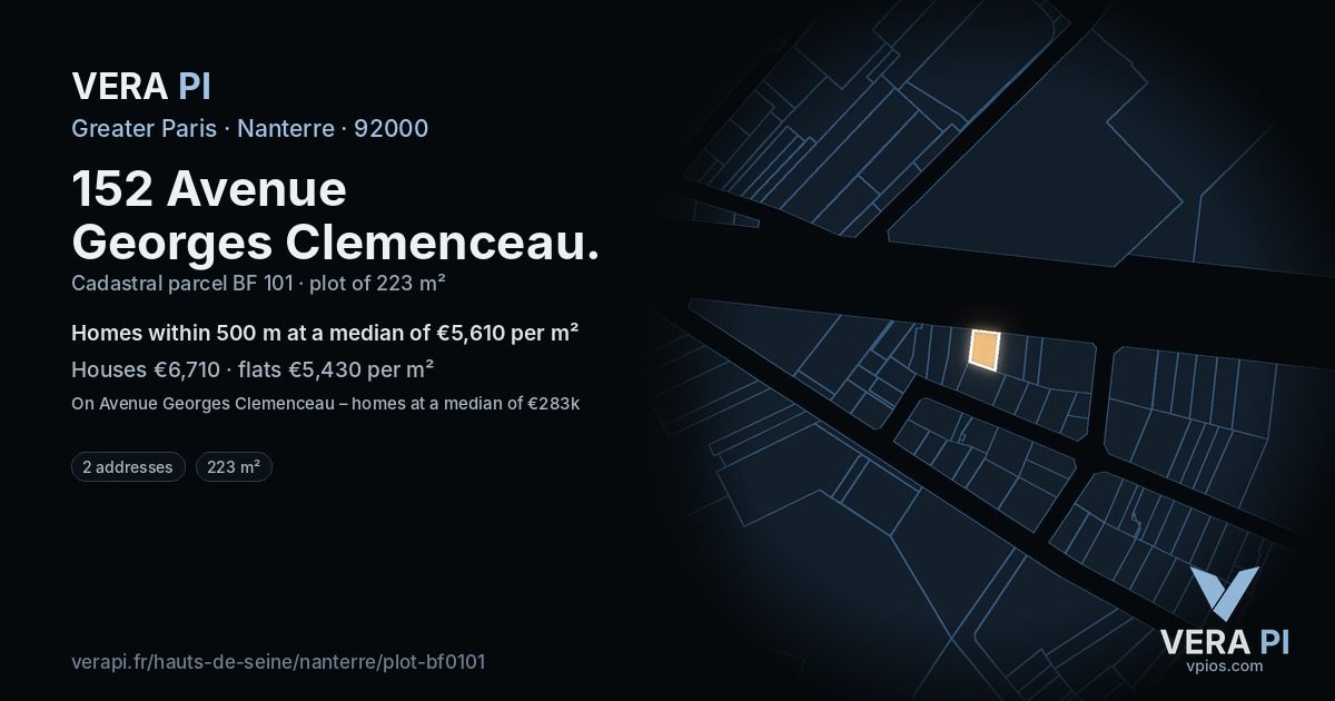 152 Avenue Georges Clemenceau, Nanterre at night – the plot lit, the parcels around coloured by the prices near them