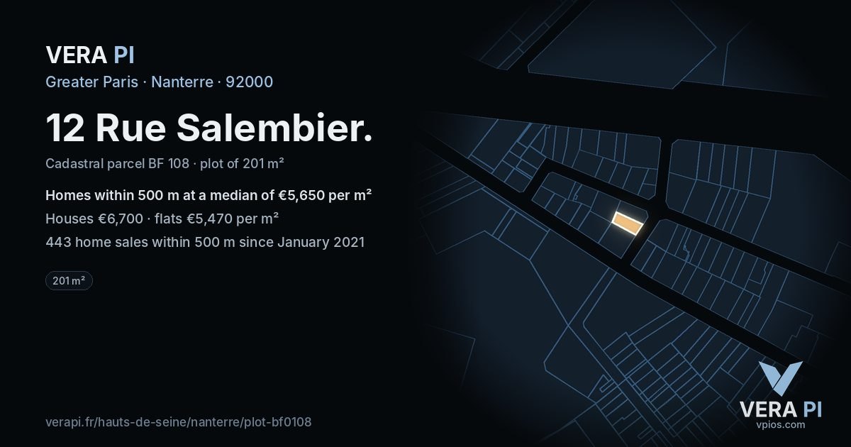 12 Rue Salembier, Nanterre at night – the plot lit, the parcels around coloured by the prices near them
