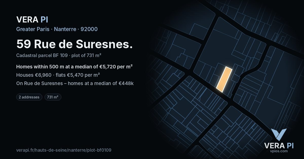 59 Rue de Suresnes, Nanterre at night – the plot lit, the parcels around coloured by the prices near them