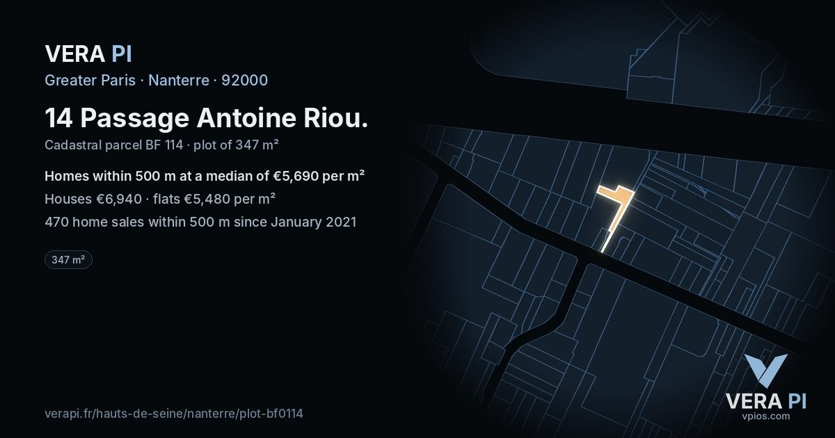14 Passage Antoine Riou, Nanterre at night – the plot lit, the parcels around coloured by the prices near them