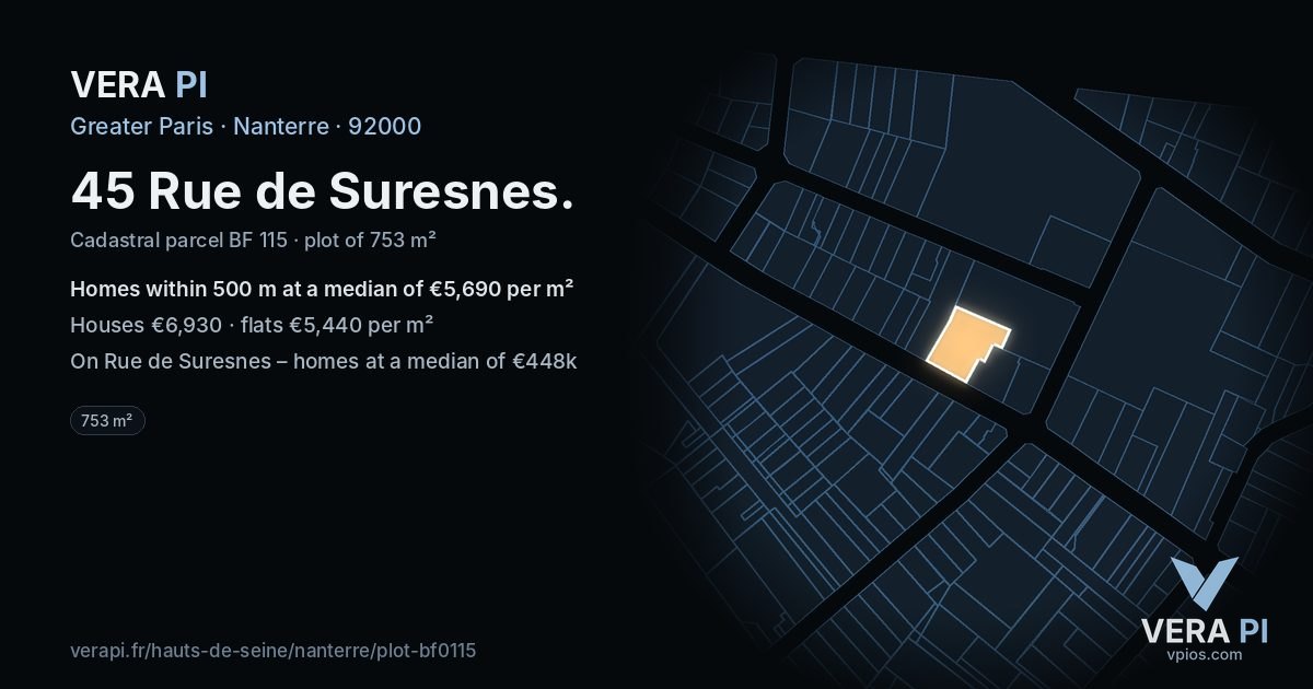 45 Rue de Suresnes, Nanterre at night – the plot lit, the parcels around coloured by the prices near them