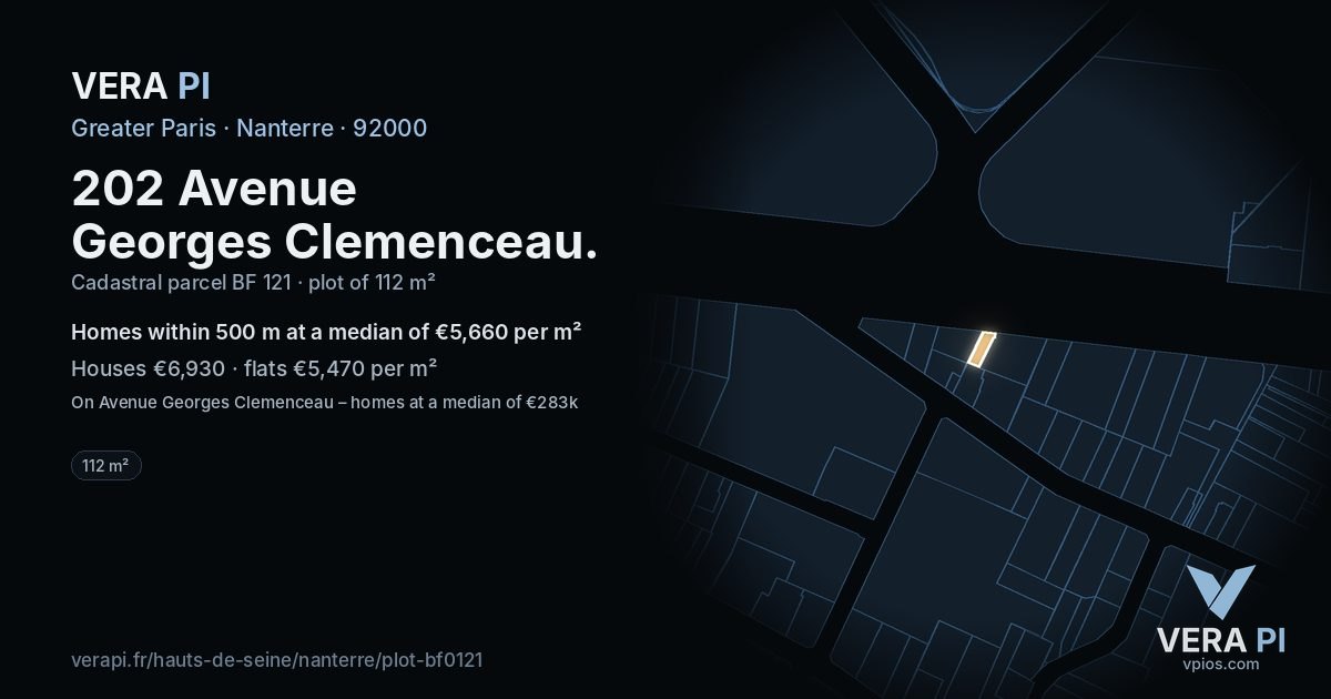 202 Avenue Georges Clemenceau, Nanterre at night – the plot lit, the parcels around coloured by the prices near them