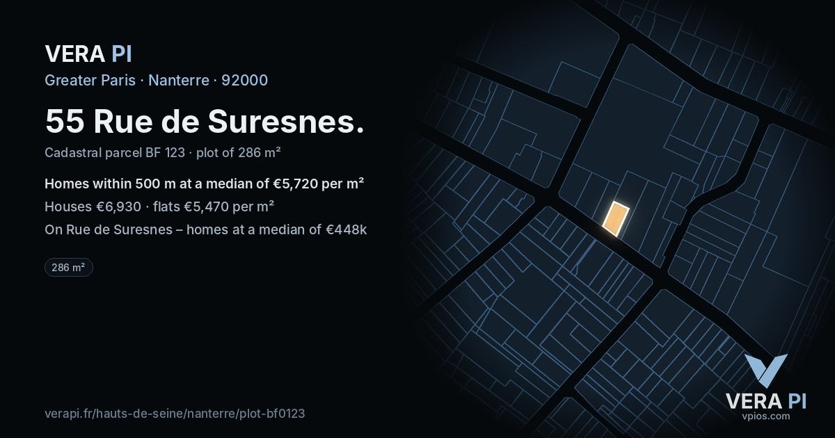 55 Rue de Suresnes, Nanterre at night – the plot lit, the parcels around coloured by the prices near them