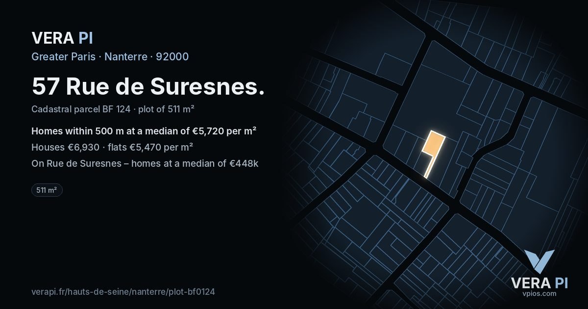 57 Rue de Suresnes, Nanterre at night – the plot lit, the parcels around coloured by the prices near them