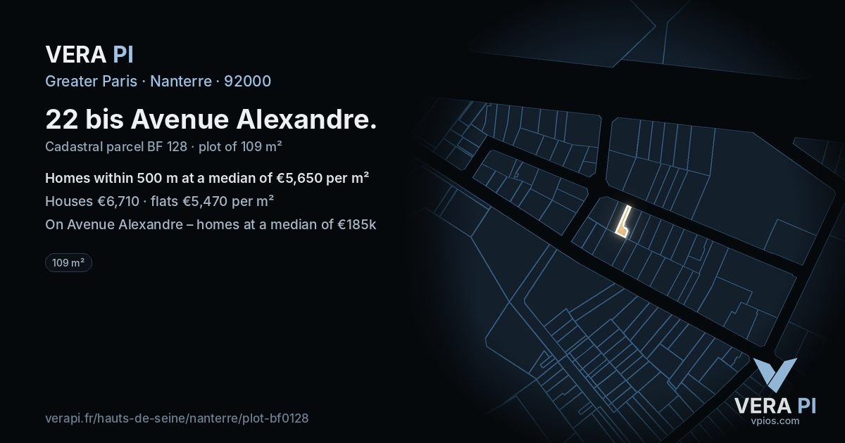 22 bis Avenue Alexandre, Nanterre at night – the plot lit, the parcels around coloured by the prices near them
