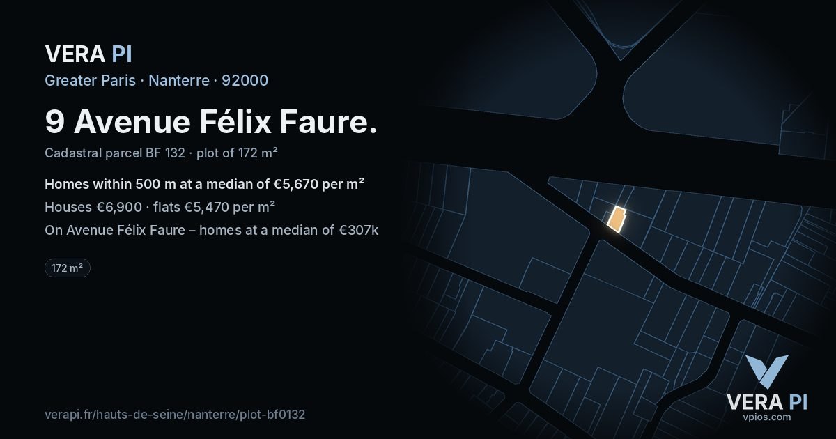 9 Avenue Félix Faure, Nanterre at night – the plot lit, the parcels around coloured by the prices near them