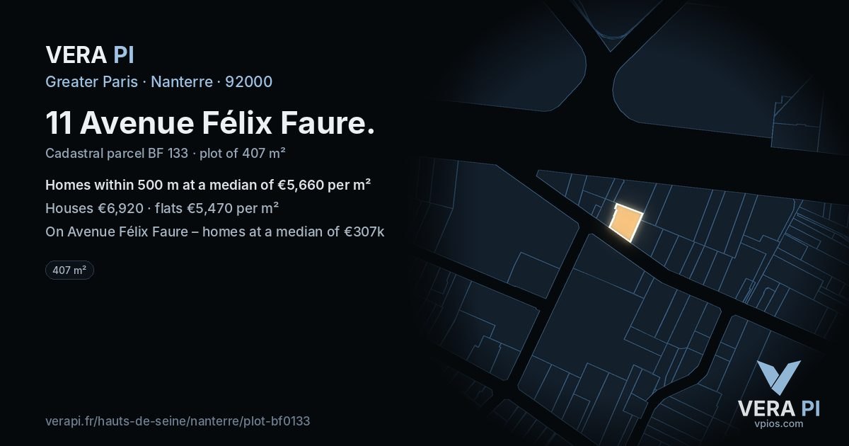 11 Avenue Félix Faure, Nanterre at night – the plot lit, the parcels around coloured by the prices near them