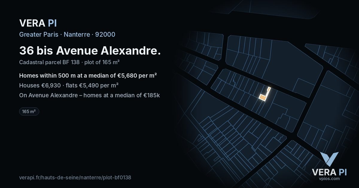 36 bis Avenue Alexandre, Nanterre at night – the plot lit, the parcels around coloured by the prices near them