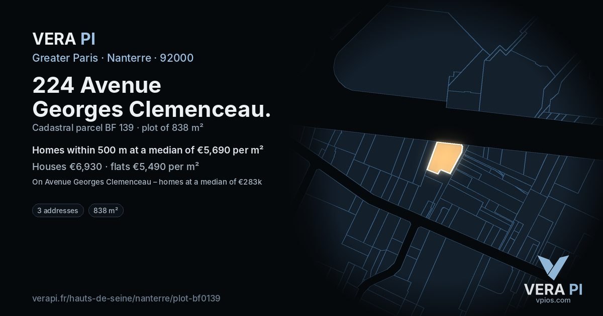 224 Avenue Georges Clemenceau, Nanterre at night – the plot lit, the parcels around coloured by the prices near them