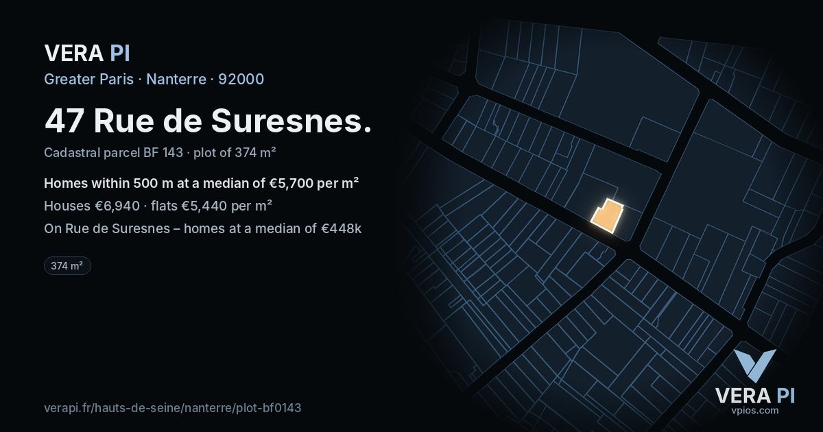 47 Rue de Suresnes, Nanterre at night – the plot lit, the parcels around coloured by the prices near them