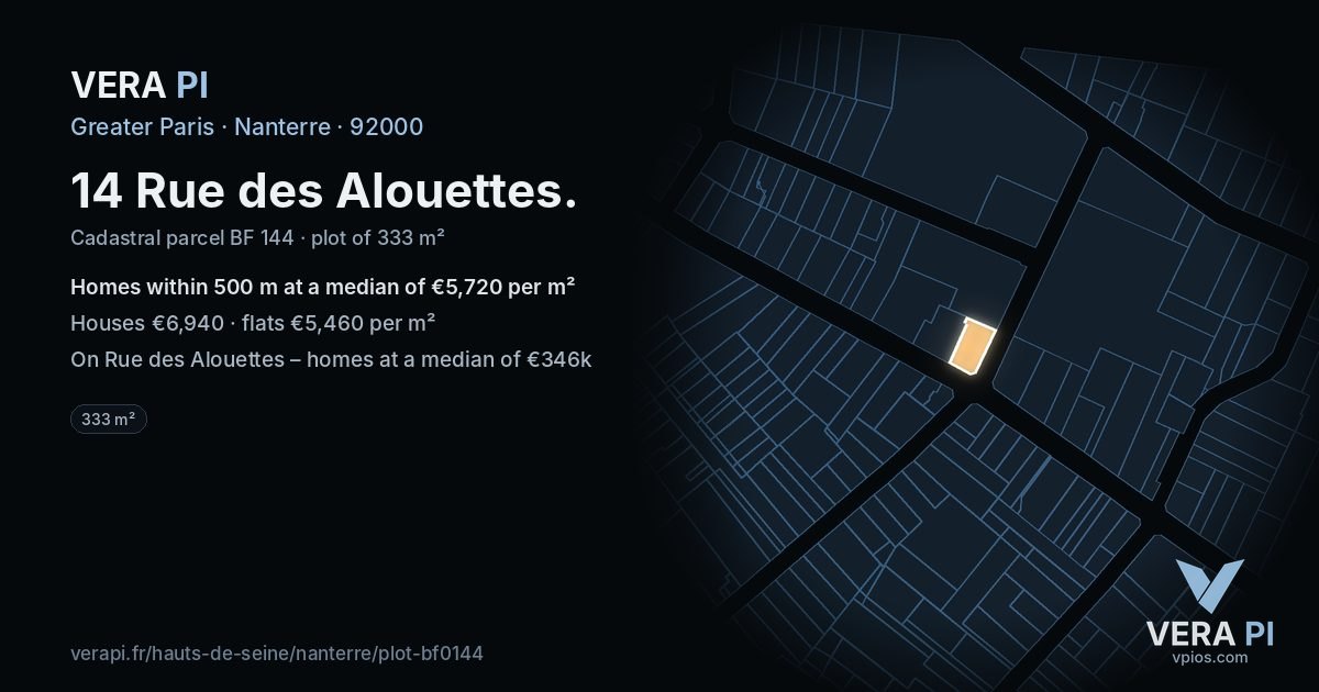 14 Rue des Alouettes, Nanterre at night – the plot lit, the parcels around coloured by the prices near them