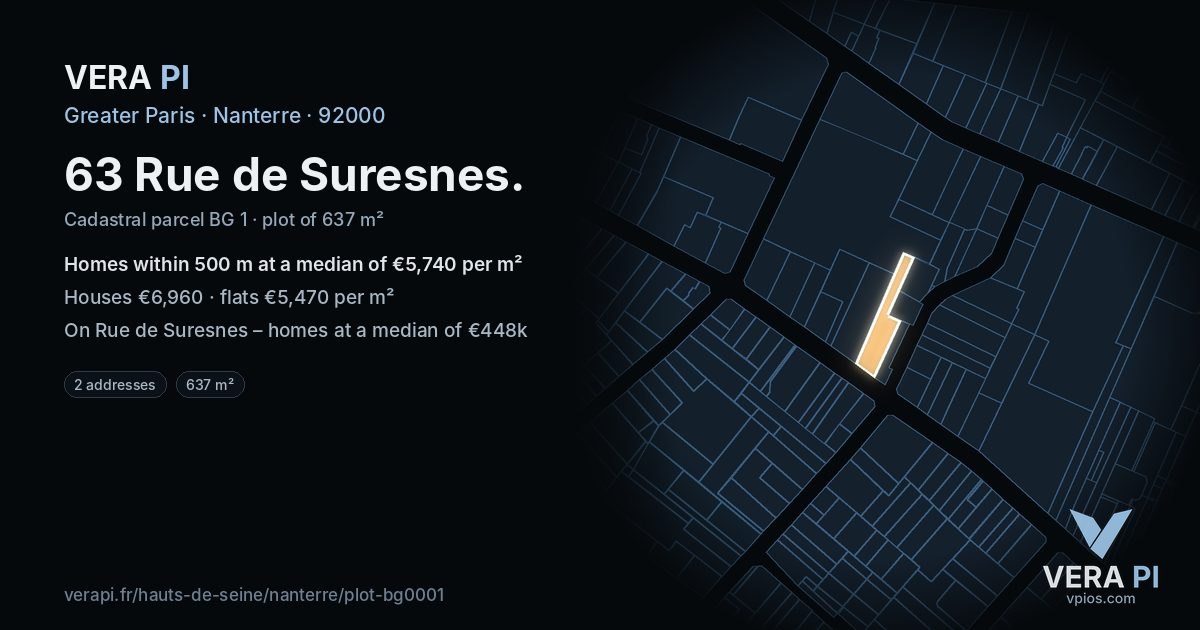 63 Rue de Suresnes, Nanterre at night – the plot lit, the parcels around coloured by the prices near them