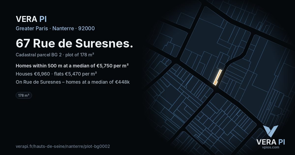 67 Rue de Suresnes, Nanterre at night – the plot lit, the parcels around coloured by the prices near them