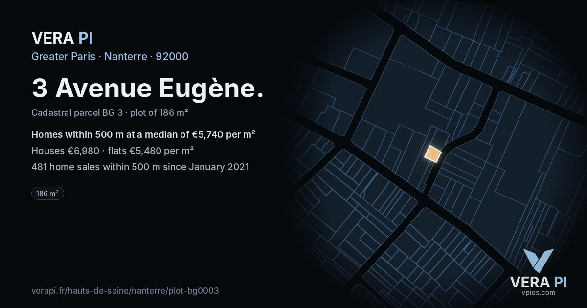 3 Avenue Eugène, Nanterre at night – the plot lit, the parcels around coloured by the prices near them