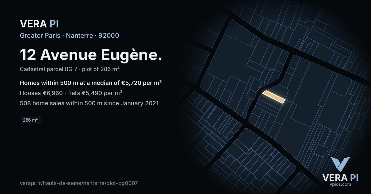 12 Avenue Eugène, Nanterre at night – the plot lit, the parcels around coloured by the prices near them