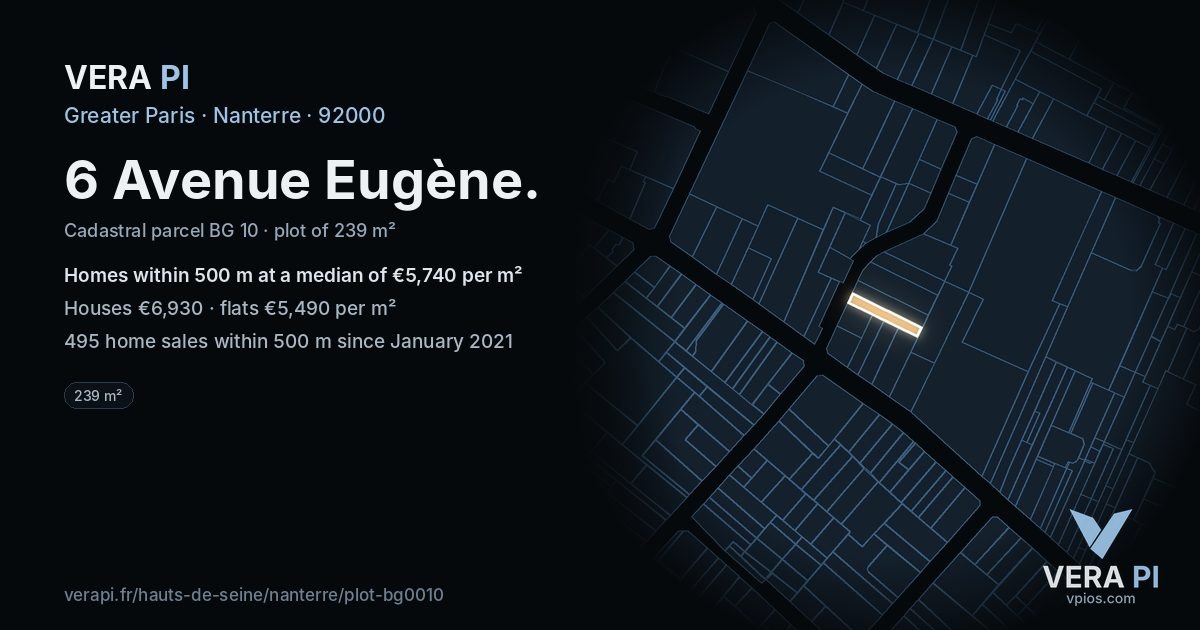 6 Avenue Eugène, Nanterre at night – the plot lit, the parcels around coloured by the prices near them