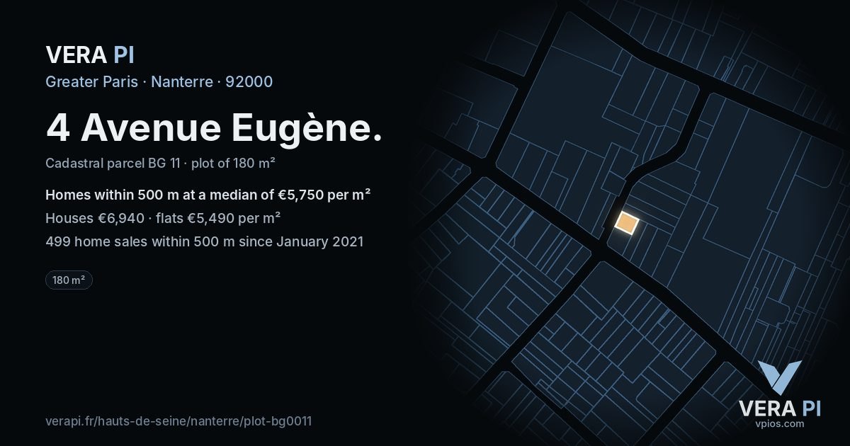 4 Avenue Eugène, Nanterre at night – the plot lit, the parcels around coloured by the prices near them