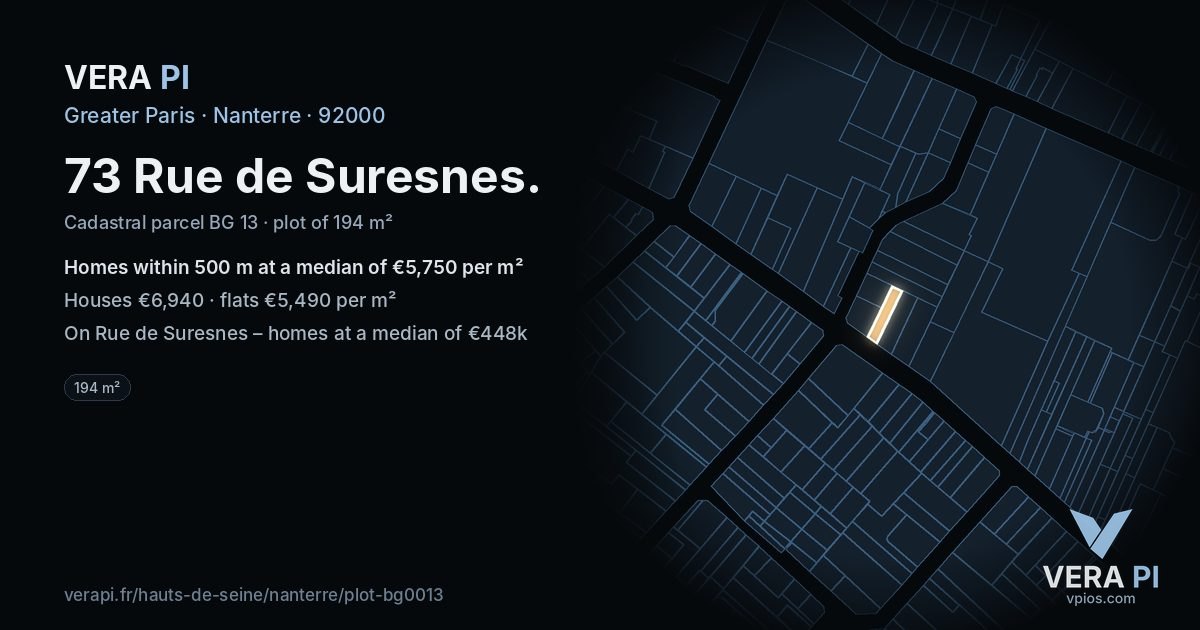 73 Rue de Suresnes, Nanterre at night – the plot lit, the parcels around coloured by the prices near them