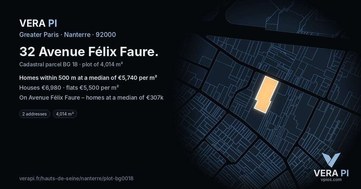 32 Avenue Félix Faure, Nanterre at night – the plot lit, the parcels around coloured by the prices near them