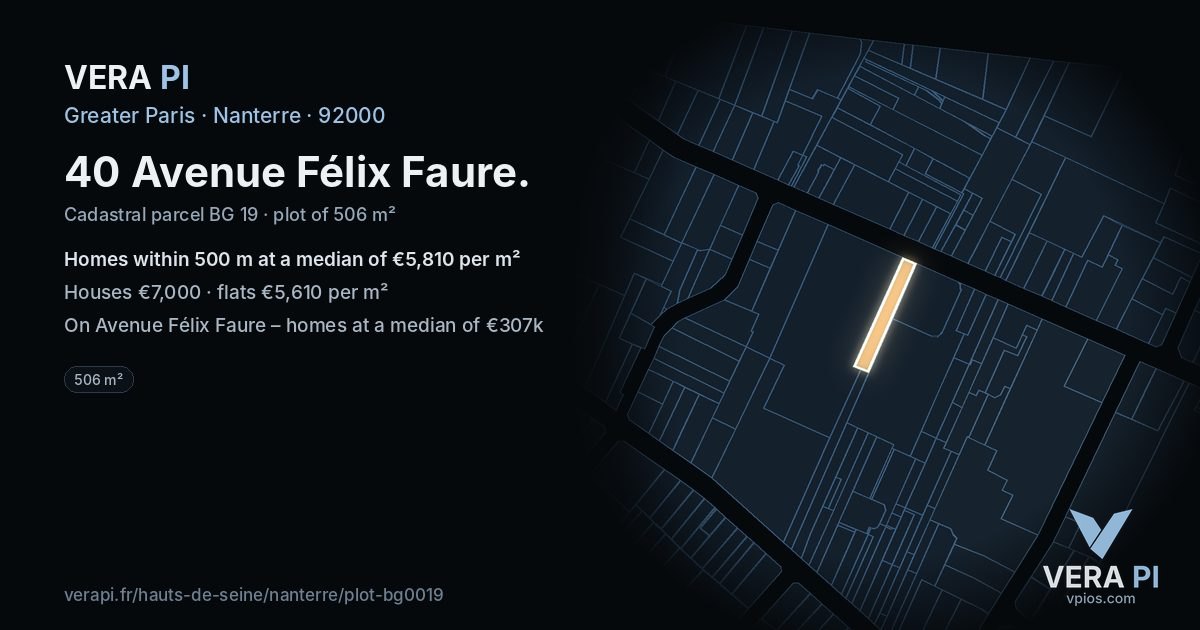 40 Avenue Félix Faure, Nanterre at night – the plot lit, the parcels around coloured by the prices near them