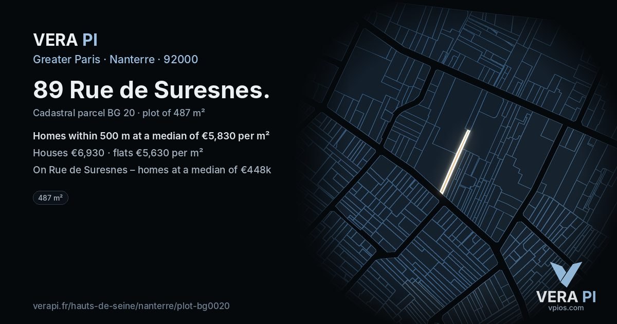 89 Rue de Suresnes, Nanterre at night – the plot lit, the parcels around coloured by the prices near them