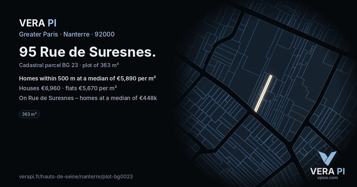 95 Rue de Suresnes, Nanterre at night – the plot lit, the parcels around coloured by the prices near them
