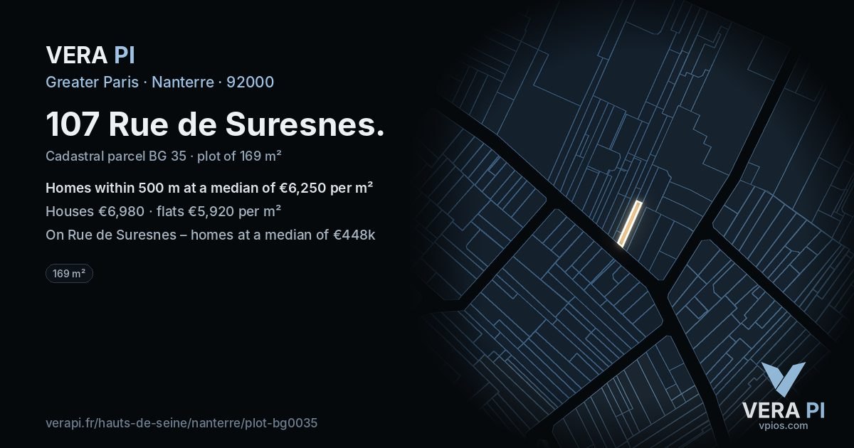 107 Rue de Suresnes, Nanterre at night – the plot lit, the parcels around coloured by the prices near them