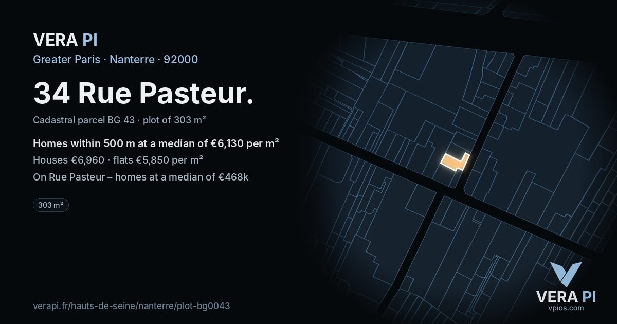 34 Rue Pasteur, Nanterre at night – the plot lit, the parcels around coloured by the prices near them