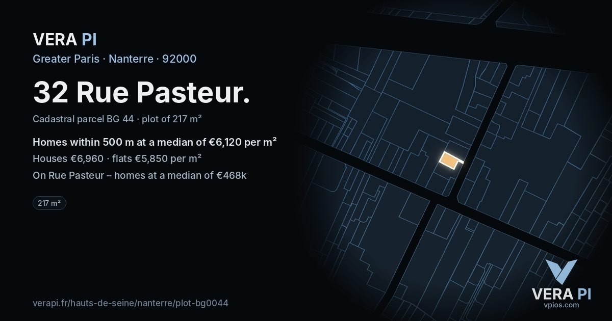 32 Rue Pasteur, Nanterre at night – the plot lit, the parcels around coloured by the prices near them