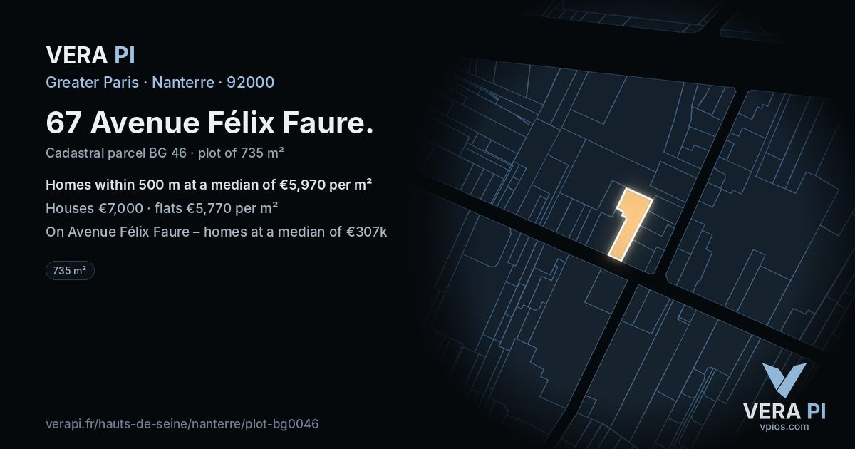 67 Avenue Félix Faure, Nanterre at night – the plot lit, the parcels around coloured by the prices near them