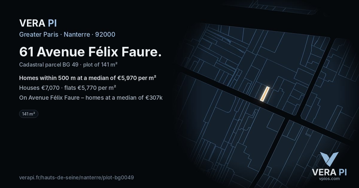 61 Avenue Félix Faure, Nanterre at night – the plot lit, the parcels around coloured by the prices near them