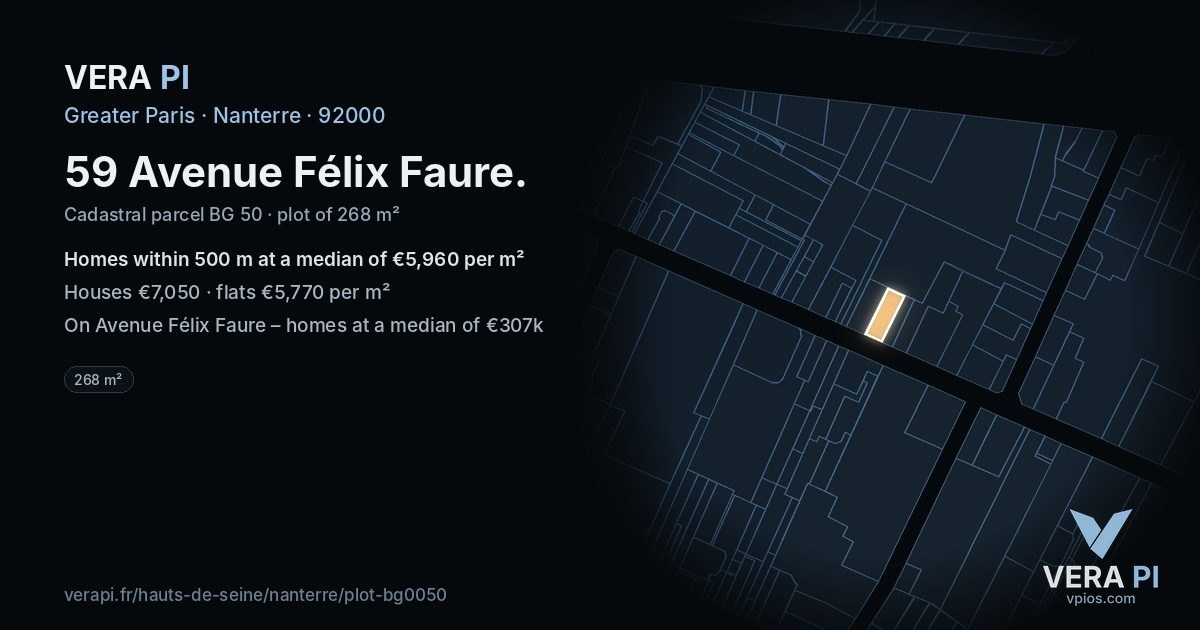 59 Avenue Félix Faure, Nanterre at night – the plot lit, the parcels around coloured by the prices near them